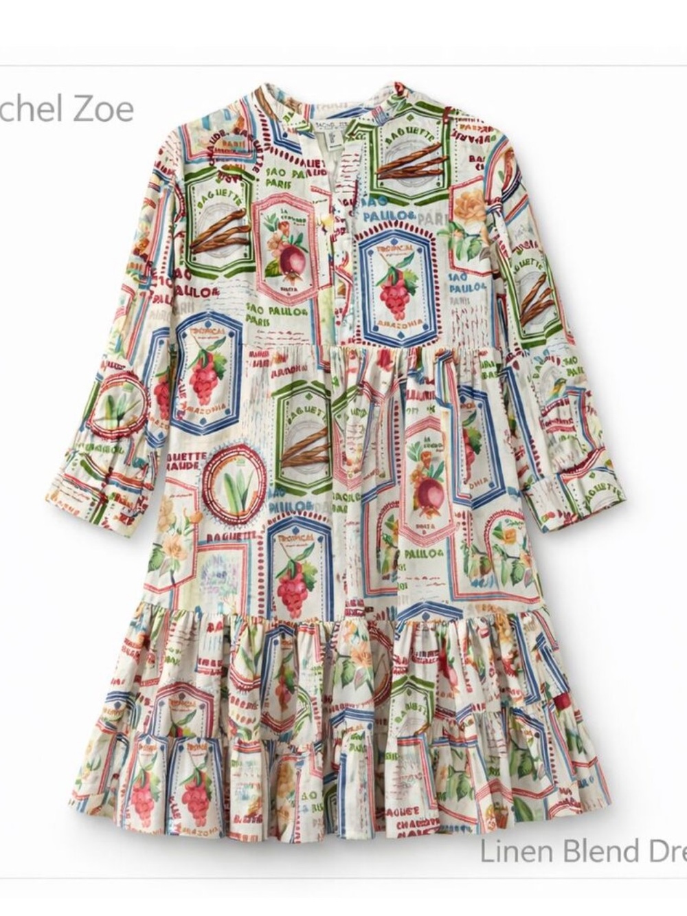 Rachel Zoe Paris Print Linen Blend Dress Size 
M Tiered Ruffle Midi Boho Artisan